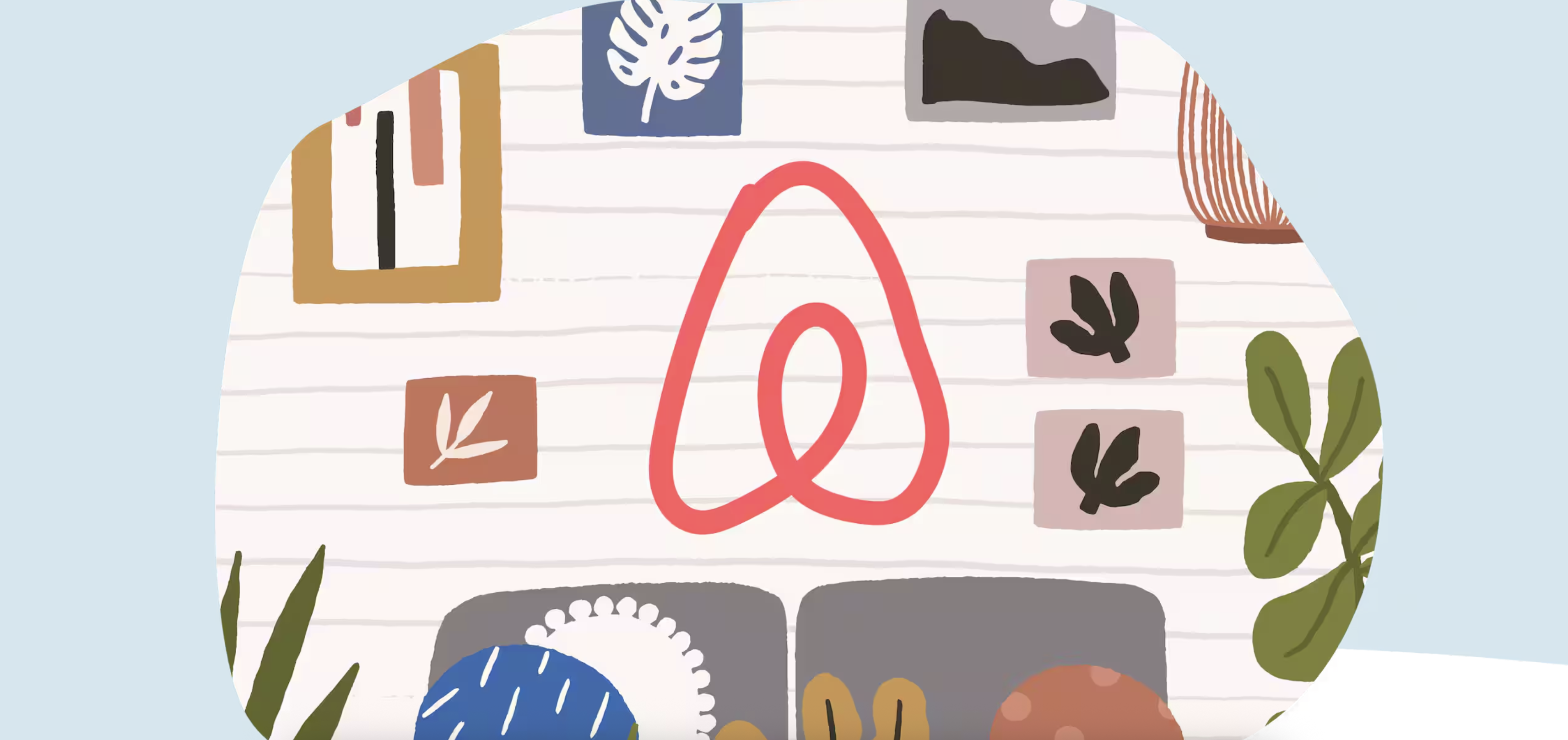Illustration of a cozy living room wall featuring the Airbnb logo surrounded by decorative art pieces, plants, and pillows.